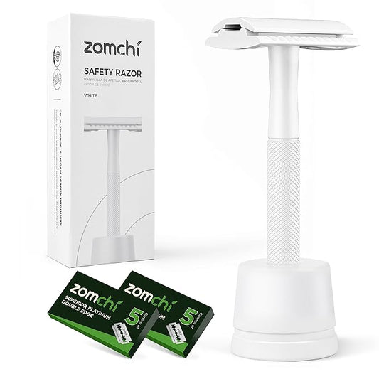 ZOMCHI Double Edge Safety Razor with Stand for Men, Women Razor with 10 Double Edge Safety Razor Blades, Plastic Free Metal Razor – White