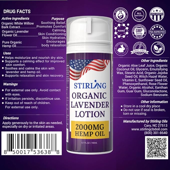 STIRLING Lavender Lotion – Organic Lavender with 2000mg Hemp Oil, Aloe Vera, and Vitamin E – Nourishing and Moisturizing Body Lotion for a Soft and Smooth Feel