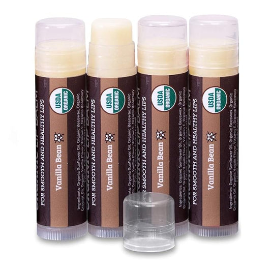 USDA Organic Lip Balm 4-Pack by Earth's Daughter - Vanilla Flavor, Beeswax, Coconut Oil, Vitamin E - Best Lip Repair Chapstick for Dry Cracked Lips.