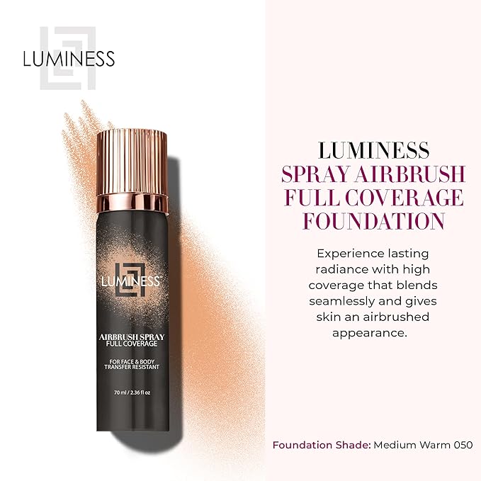 LUMINESS Spray Airbrush Foundation Makeup, Shade 050 - Lightweight, Full Coverage Foundation for Face, Neck & Body - Water-Based Concealer for Seamless Blending, Natural-Looking Finish, 2.36 fl oz