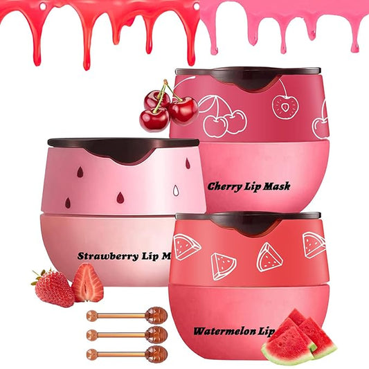 3PCS Bee Lip Balm Honey Pot, Exfoliating Strawberry Cherry Watermelon Bee Lip Balm Sleeping Lip Mask Overnight with Sticks, Honey Pot Lip Balm Prevention Dry Hydrating and Crack Lip Scrubs
