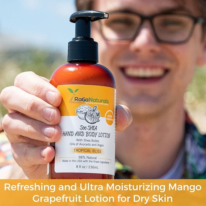 RaGaNaturals Natural Mango Body Lotion for Dry Skin - Tropical Bliss Moisturizer with Shea Butter, Vitamin E, B5, Argan & Avocado Oil - Refreshing Fruity Scent, Plant Based, Non-Greasy, Vegan - 16 Oz