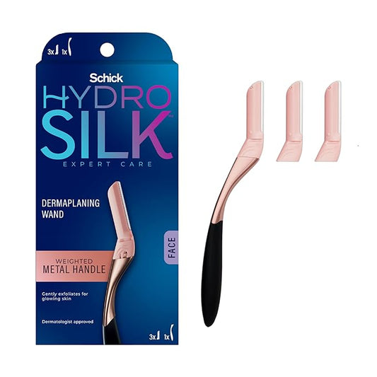 Schick Hydro Silk Dermaplaning Wand, Dermaplaning Tool for Face | Dermaplane Razor for Women Face, Eyebrow Razor, Peach Fuzz Remover, Includes 1 Weighted Metal Handle with 3 Refill Blades
