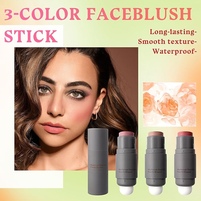 3PCS Blush Stick for Cheeks,Multi-use Solid Matte Makeup Stick Blush Cream for Cheek Eyes and Lips Tint,Moisturizing Tinted Cream Blush,Natural Blendable Cheek Blusher with 3 Makeup Sponges A3