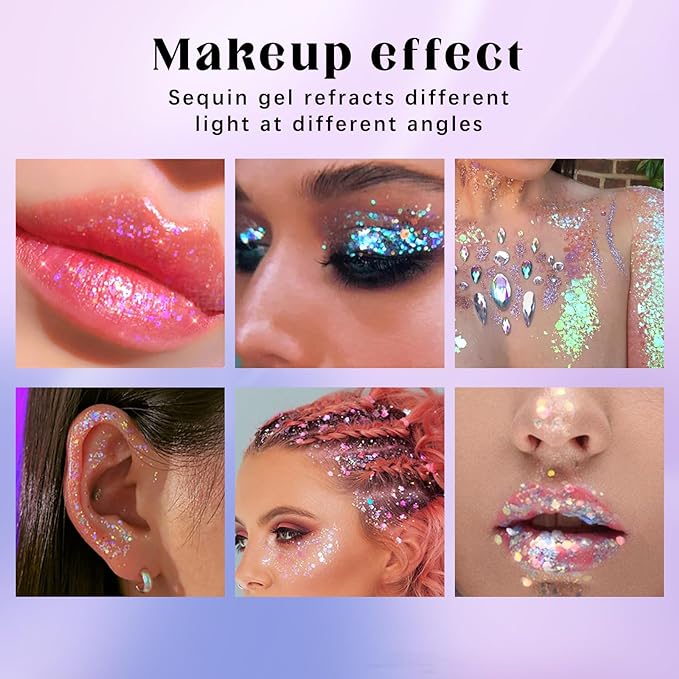 2 Colors Roll-on Body Glitter Gel, Holographic Glitter Gel Under Light for Face Hair, Body Shimmer for Rave Accessories Christmas New Year Halloween Makeup (8+12)