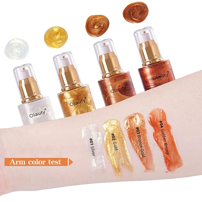 Shimmer Body Oil-Golden Brown Face Brighten Pearl Highlighter Liquid Illuminator Body Glow Oil,4 Color Bronze Makeup Glitter Body Shimmer Oil with Makeup Brush