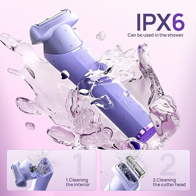 Buqikma Bikini Trimmer for Women - Painless Rechargeable Electric Razor Silk-Smooth Pubic Hair Trimmer Ipx6 Waterproof & Bikini Shaver with Charge Dock for Full Body with Ceramic Blade, Purple