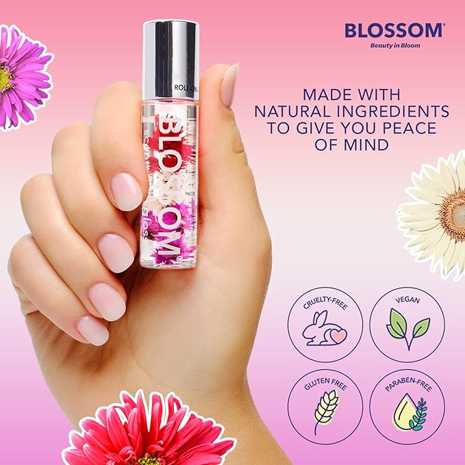 Blossom Roll on Lip Gloss, Scented Clear High Shine Moisturizing Lip Oil, Non Sticky, Infused with Real Flowers, Made in USA, 0.2oz, Strawberry/Banana