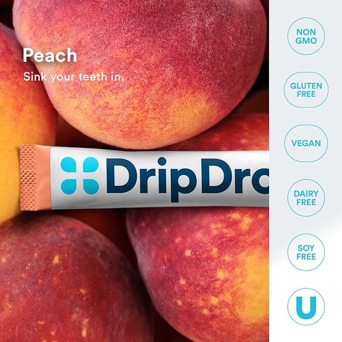 DripDrop Sugar Free Hydration Packets - Zero Peach - Single Serve Electrolytes Powder Drink Mix - Non-GMO, Gluten Free, Vegan - 32 Sticks