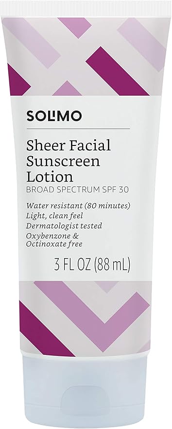 Amazon Brand - Solimo Sheer Face Sunscreen SPF 30, Formulated without Octinoxate & Oxybenzone, Unscented, 3 fl oz (Pack of 1)