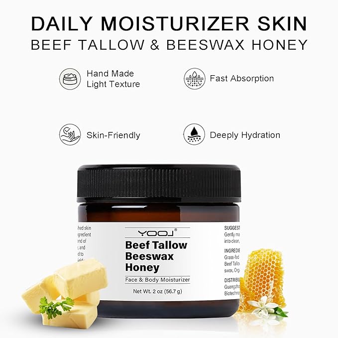 Beef Tallow and Honey Face Moisturizer for Face & Body - Organic Beef Tallow Moisturizer with Tallow and Beeswax & Honey, Beef Tallow for Skin Intensive Hydration - Vitamins(B1, A, D E & K) 2oz