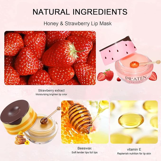 2Pcs Bee Lip Balm Honey Pot, Honey & Strawberry Lip Balm Moisturizing Lip Sleep Mask with Stick Hydrating & Prevention Dry and Cracked Lip Scrubs Exfoliator, Reduces Lip Lines