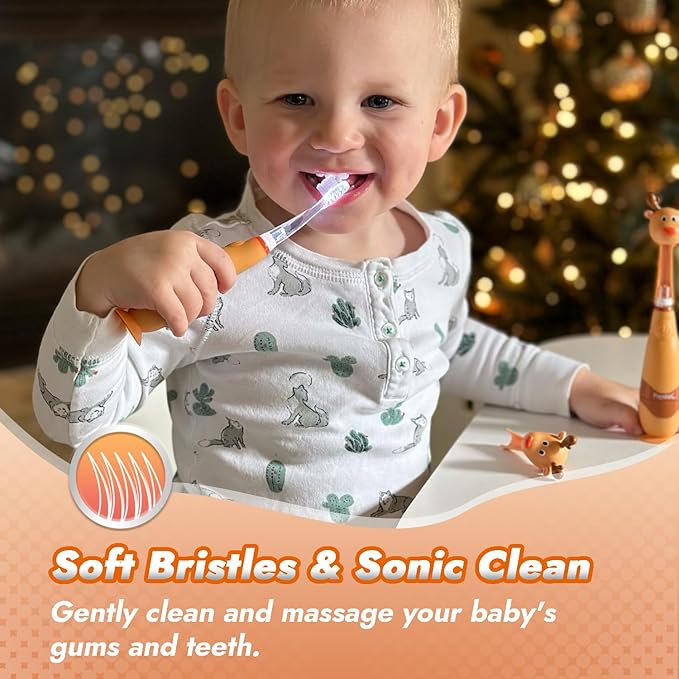Papablic Toddler Sonic Electric Toothbrush for Ages 1-3 Years, Baby Electric Toothbrush with Cute Reindeer Cover and Smart LED Timer, 2 Brush Heads (Ruby)