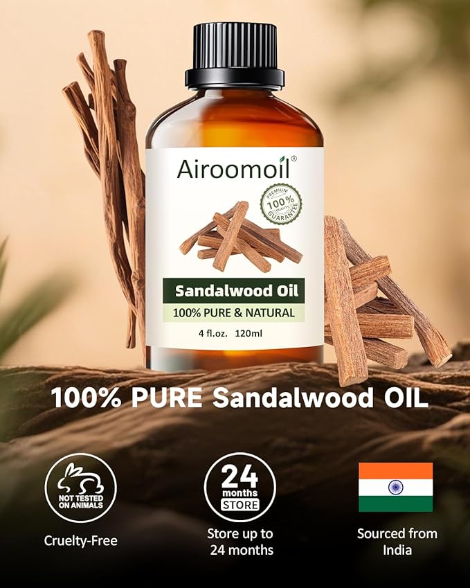 Pure Sandalwood Essential Oil, 100% Pure Natural Sandalwood Essential Oil, Premium Grade Essential Oils for Diffusers for Home, Skin, Care Massage, Soap Making, Aromatherapy, 4 Fl Oz | 120ml