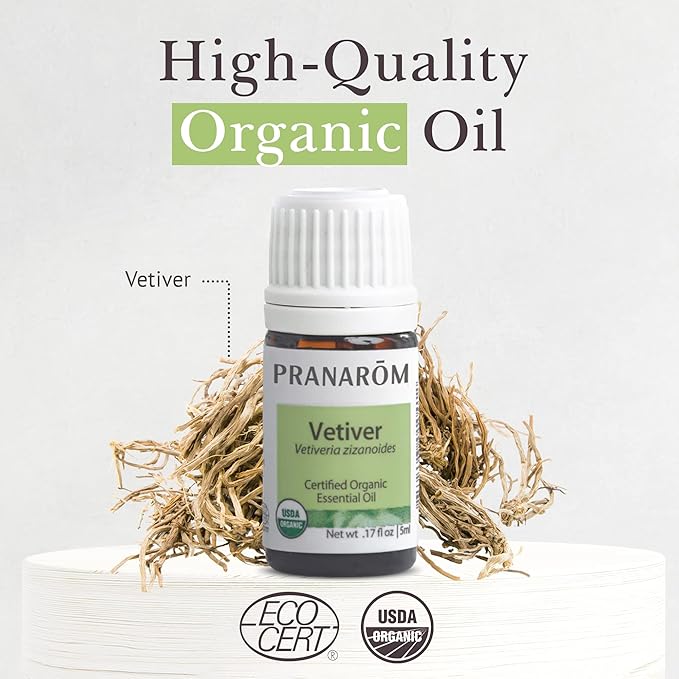 Pranarom USDA Certified Organic Vetiver Essential Oil (5ml), 100% Pure Undiluted Therapeutic Grade from Haiti & Madagascar for Aromatherapy, Diffuser, Calming, Relaxation, DIY, Massage Oil