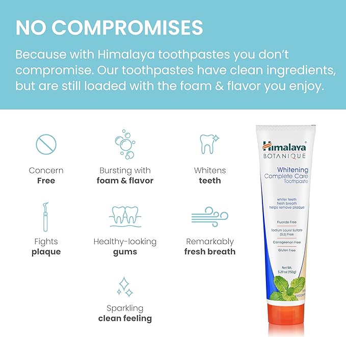 Himalaya Botanique Complete Care Whitening Toothpaste, Simply Peppermint, for a Clean Mouth, Whiter Teeth and Fresh Breath, 5.29 oz