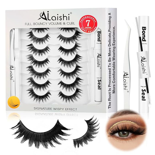 False Eyelashes Kit With Bond, Seal and Tweezer, 7 Pairs Fluffy Natural Look Fake Cat Eye Lashes Strips Thin Band Extensions Waterproof Easy Eyelashes for Beginners DF64