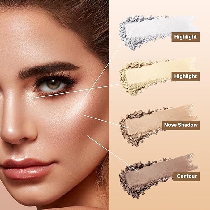 Contour Highlighter Blush Powder Makeup Palette, 4 Colors Matte Face Contour Shading with Professional Makeup Brush