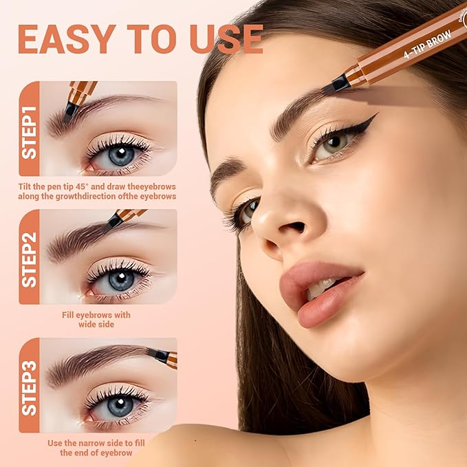 2025 New Magic Eyebrow Pencil, 3D Waterproof 4 Tipped Precise Brow Pen Microblading Eyebrow Pencil Contouring Pen Fine Stroke Microblading Creates Natural (Black)