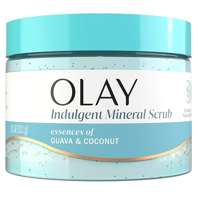 Olay Body Indulgent Mineral Scrub, Skin Exfoliating & Massaging Pearls, Nourishing Soft & Gentle Formula, Renewing BHA, Vitamin B3 Complex, Luxurious Fragrances, Coconut & Guava Scent, 11 oz