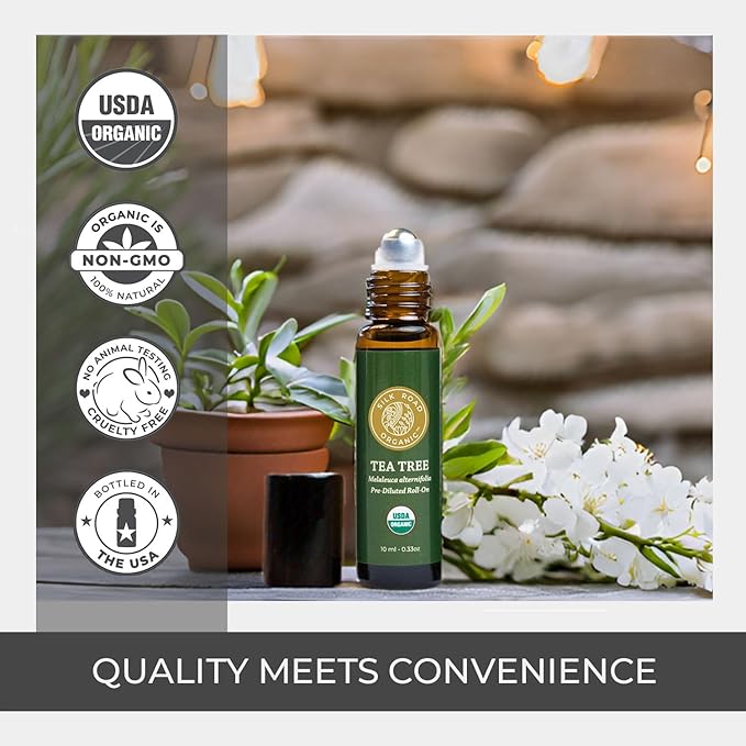 Silk Road Organic Tea Tree Essential Oil Roll On, 100% Pure USDA Certified – Healthy Skin, Toenails, Feet, Body Odor - 10 ml Roller - Always Pure, Always Organic