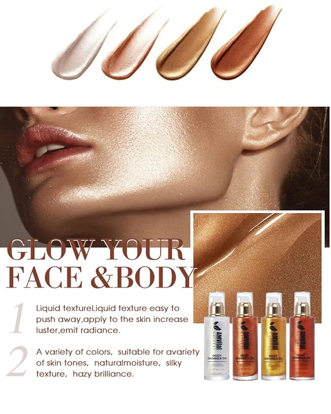 Shimmer Body Oil Golden Brown, Illuminator Highlighter for Face & Body Makeup Shine, Non-Sticky Body Moisturizing For All Skin Types, Fast Absorbing & lightweight Body Oil For Women