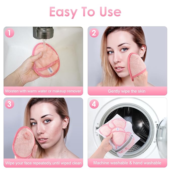 SINLAND Reusable Makeup Remover Pads For Face,Eye,Lips Microfiber Gentle Facial Cleansing Cloths for All Skin Types Friendly for Makeup Remover With Laundry Bag 5.1inchx3.93inch Pink Pack of 6