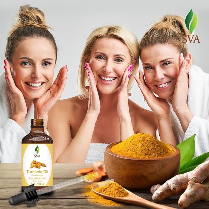 SVA Turmeric Essential Oil – 4 Fl Oz – 100% Natural Turmeric Oil - for Diffuser, Hair Care, Face, Skin Care, Aromatherapy, Scalp and Body Massage, Soap and Candle Making – with Dropper