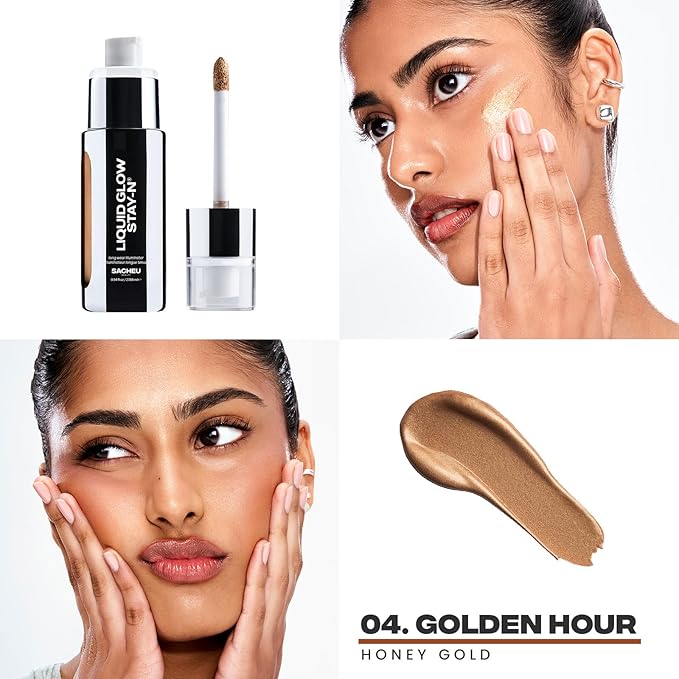 Sacheu Liquid Glow STAY-N Liquid Highlighter & Illuminator Makeup — 30ml Long Lasting Luminous Glow Lightweight Dewy Finish, Golden Hour