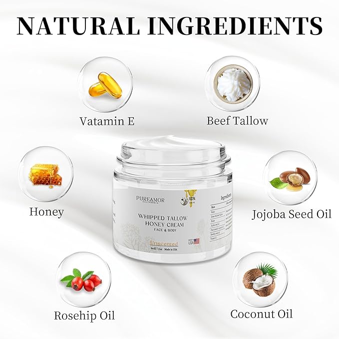 Beef Tallow for Skin Made in USA, Grass-Fed Beef Tallow for Face, Quick Absorbing, Hydrating Tallow Face Moisturizer, Whipped Beef Tallow and Honey Balm for Face&Body,Beef Tallow Cream(2oz. Unscented)