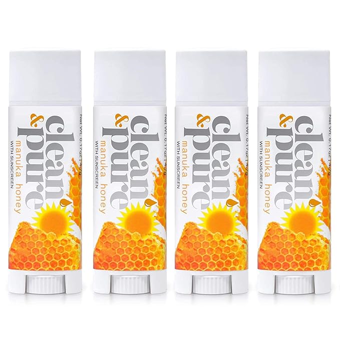 Lip Balm 4-Pack (Manuka Honey with Sunscreen) | Lip Care Set With 100% All Natural Beeswax | Vitamin E Oil | Flavored Lip Balm for Dry, Chapped Lips | Made in Australia
