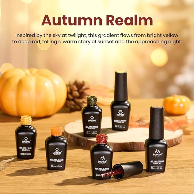 Beetles Fall Gel Nail Polish Set, 6Pcs Yellow Orange Burgundy Red Green Gel Polish Golden Glitter Nails Kit Autumn Realm Collection DIY Nail Art Gifts for Women
