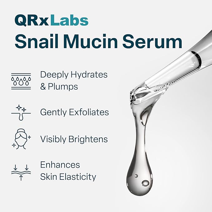QRxLabs Snail Mucin Serum – Hydrates, Plumps & Brightens – With Collagen for Firm, Radiant Skin – Gently Exfoliates for a Smooth Glow – 2 oz