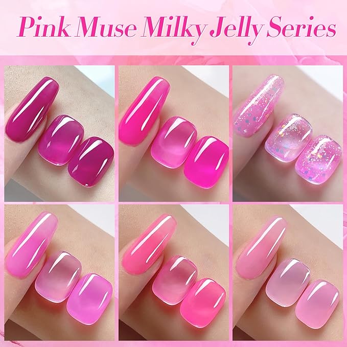 Born Pretty Jelly Gel Nail Polish Set - Milky Jelly Hot Pink Translucent Gel Polish - Spring Summer Neon Pink Valentine's Day Gift 6PCS
