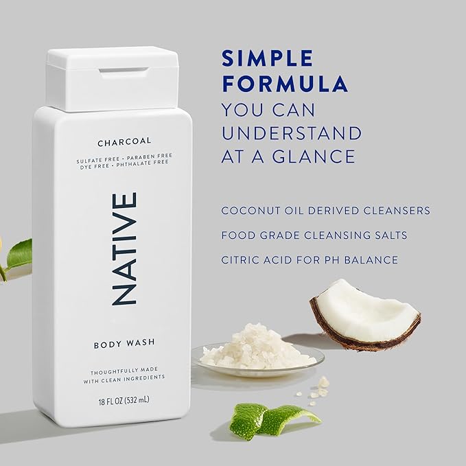 Native Body Wash Contains Naturally Derived Ingredients | For Women & Men, Sulfate, Dye, & Paraben Free Leaving Skin Soft and Hydrated | Charcoal 18 oz - 2 Pk