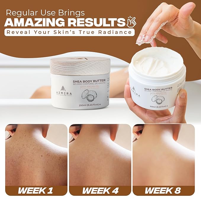 AZMERA Handcrafted Whipped Shea Body Butter – Unscented Moisturizer for Dry, Sensitive Skin with Argan Oil & Vitamin E – Vegan, Non-Greasy Whipped Body Butter for Women & Men – 8.82 oz