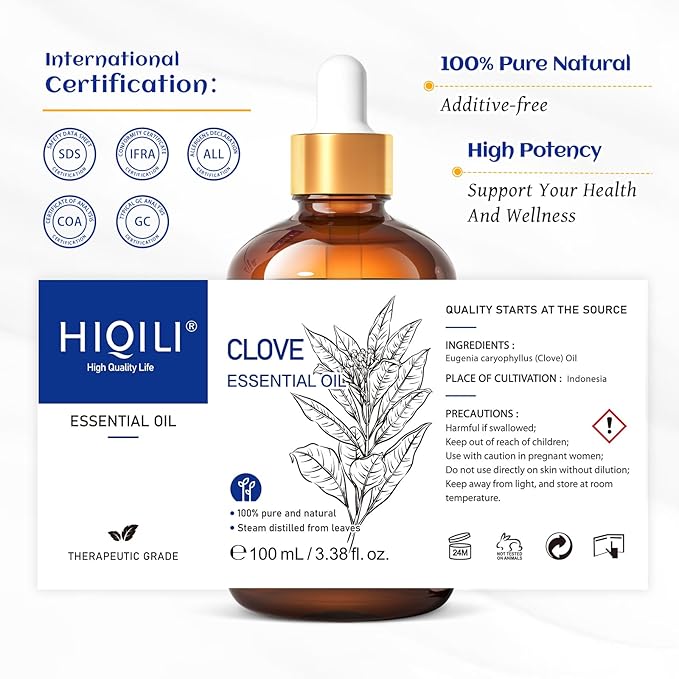 HIQILI 100ML Clove Oil for Teeth and Gums, Tooth Aches, Spray, Aromatherapy, 100% Pure Natural - 3.38 Fl Oz
