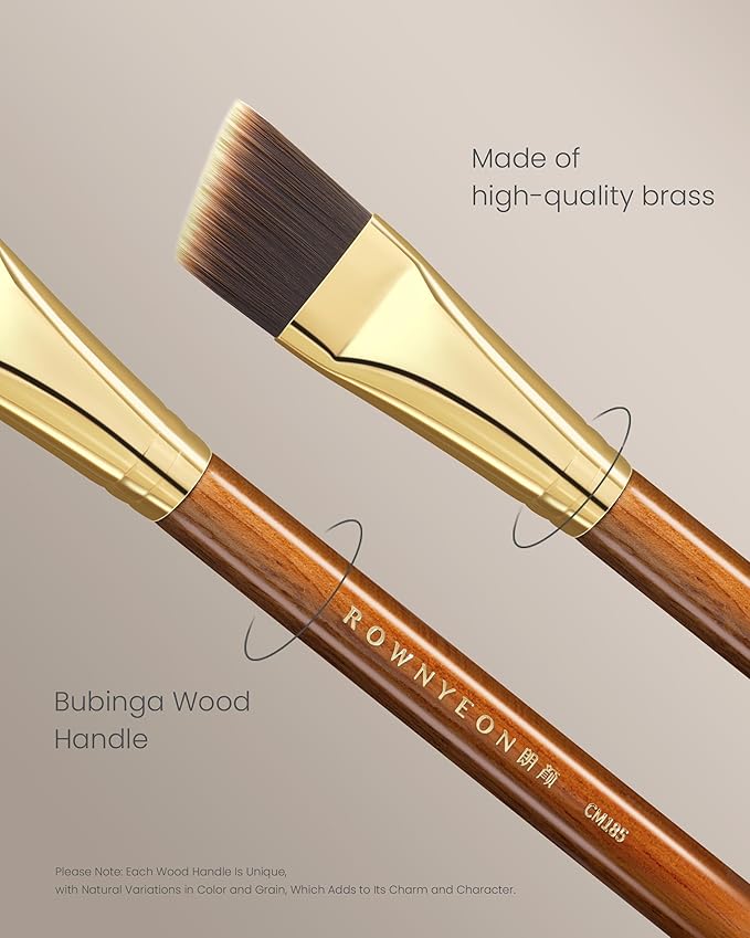 Desert Oak Series Angled Foundation Brush - 20mm Thin Contour Head for Cream/Stick Foundation, Precision Buffing & Detailing, Bubinga Handle & Brass Ferrule (CM 185)