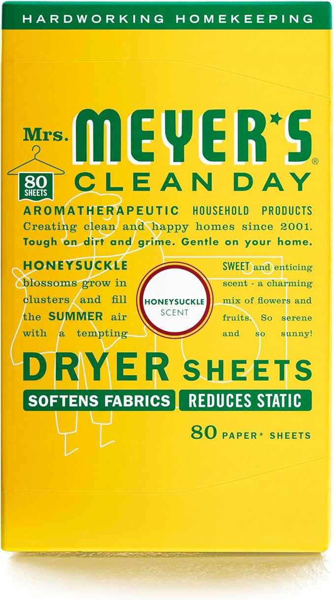 MRS. MEYER'S CLEAN DAY Dryer Sheets, Fabric Softener, Reduces Static, Infused with Essential Oils, Honeysuckle, 80 Count