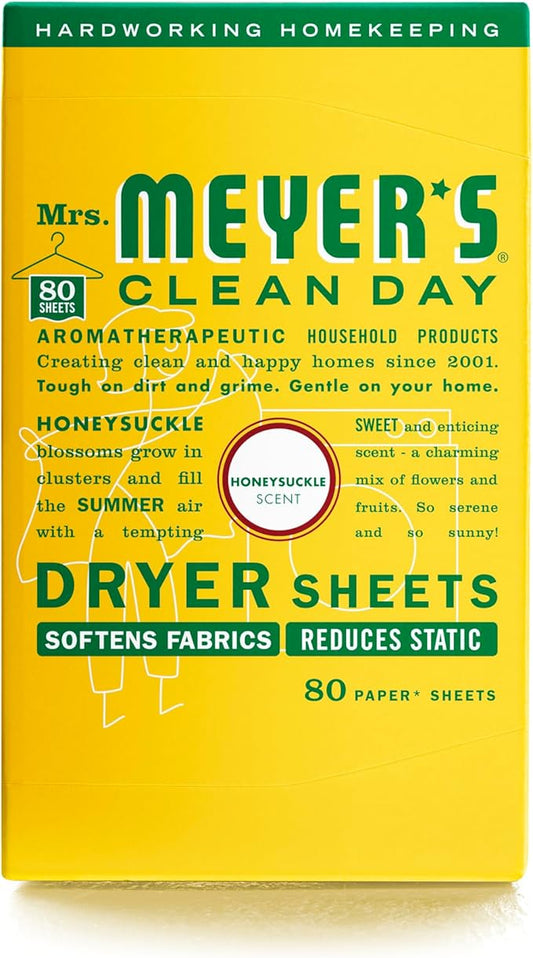 MRS. MEYER'S CLEAN DAY Dryer Sheets, Fabric Softener, Reduces Static, Infused with Essential Oils, Honeysuckle, 80 Count