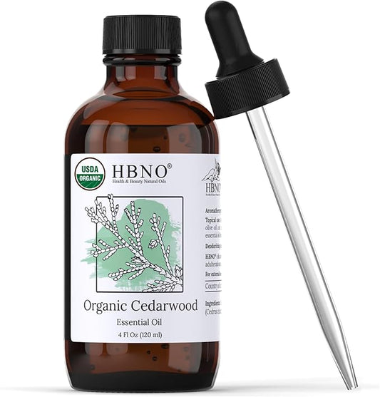 HBNO Organic Cedarwood Essential Oil - Huge 4 oz (120ml) Value Size - USDA Certified Organic Cedarwood Essential Oil for Aromatherapy, Soap Making, DIY, Fragrances, Diffuser.