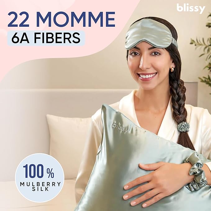 Blissy Silk Pillowcase - 100% Pure Mulberry Silk - 22 Momme 6A High-Grade Fibers - Silk Pillow Cover for Hair & Skin - Regular, Queen & King (Matcha, Queen)