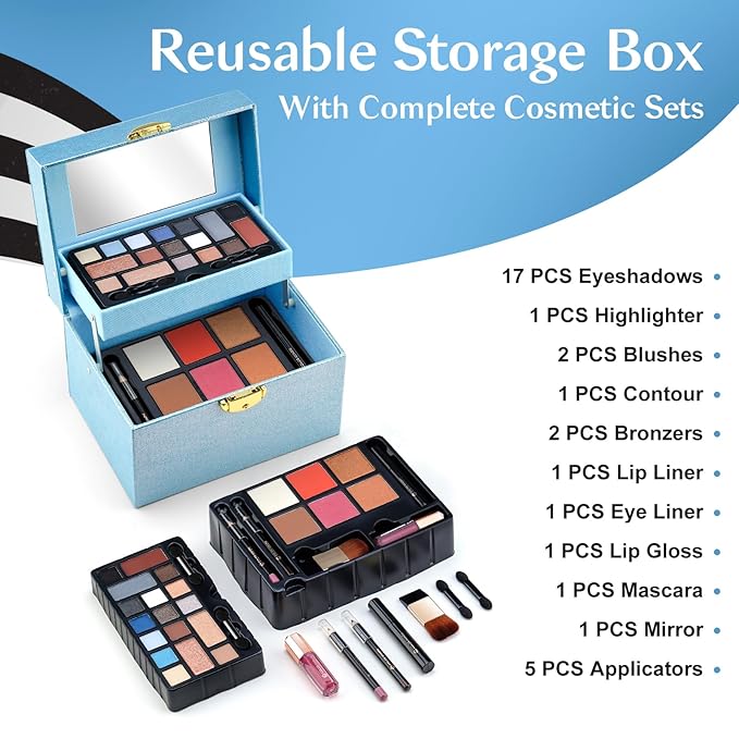 Color Nymph Beginner Makeup Kit For Teens, Girls Makeup kits With Recyclable And Key-Lockable Cabinet Included 17-Colors Eyeshadows Blushes Bronzer Highlighter Lipstick Brushes Mirror(Blue)