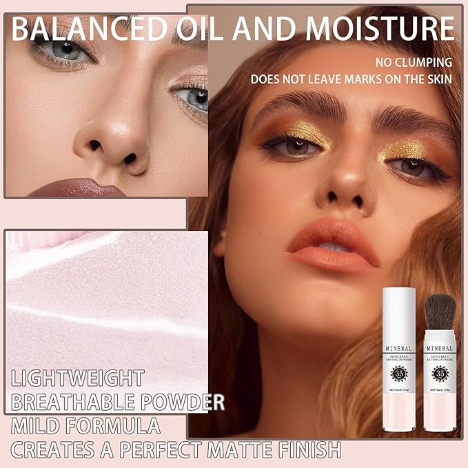 Mineral Sunscreen Setting Powder, SPF 35 Translucent Loose Powder, Mineral Brush Powder, Oil Control Natural Matte Finish, Lasting Lightweight Breathable for All Skin (#04 Pink Complexion)