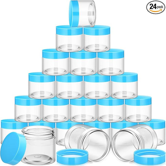 SATINIOR 24 Pieces Empty Clear Plastic Jars with Lids Round Storage Containers Wide Mouth for Beauty Product Cosmetic Cream Lotion Liquid Butter Craft and Food(Blue Lid,2 oz)