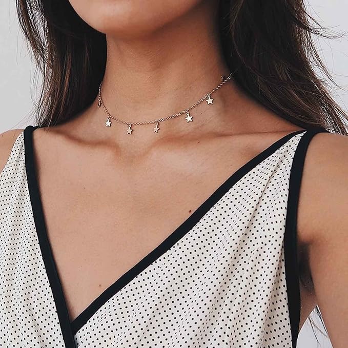 Bohemia Star Necklace Star Dangle Choker Necklace Gold Stars Short Necklace Minimalist Star Tassel Chain Necklace Jewelry for Women and Girls