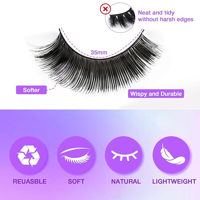 Fluffy False Eyelashes Kit With Bond, Seal and Tweezer, 7 Pairs Natural Look Fake Cat Eye Lashes Strips Thin Band Extensions Waterproof Easy Eyelashes for Beginners DF79