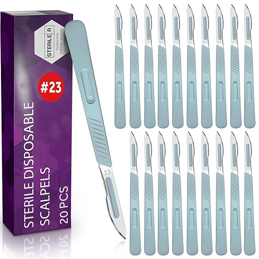 Disposable Scalpel Blades| #23 Sharp Carbon-Steel Blades | Pack of 20| Sterile Individual Pouches| for Dermaplaining, Podiatry, Crafts & More…