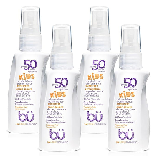 BU SPF 50 Fragrance Free Kids Sunscreen Spray for Face and Body, TSA Travel Size Sunscreen, Clear Non Aeorsol Spray, Non Greasy, Water Resistant and Oil Free, 1 oz (4-pack)