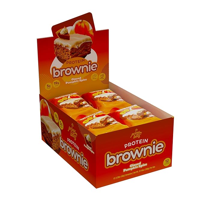 Prime Bites Protein Brownie from Alpha Prime Supplements | High Protein, Collagen Fortified Low Sugar Treat | Delicious Snack | 12 Bars per Box (Glazed Pumpkin Spice)